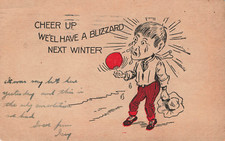 MAN FANS HIMSELF IN SUMMER HUMOR POSTCARD 1909 CHEER UP BLIZZARD NEXT WINTER picture