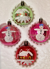 Lot VTG Glass Mica Pictured SNOWMAN Winter HOUSE BALL Christmas Ornaments Poland picture