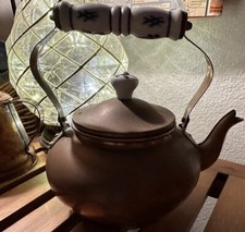 VTG Antique Copper Delft Blue White Porcelain Handle Tea Pot Kettle Cottage Core picture