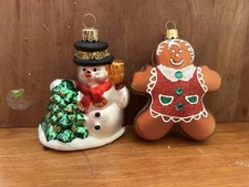 Impuls Set Of 2 Polish Hand Blown , Painted Snow Man Gingerbread Tree Ornaments picture