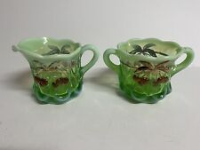 Mosser Green Opalescent Thumbprint Cherry Cable Creamer & Sugar Carnival Glass picture