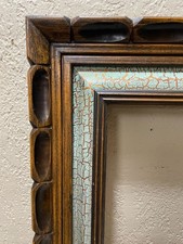 Vintage MCM Rustic Brown Turq Green Ornate Carved Wood Art Picture Frame 16 X 12 picture