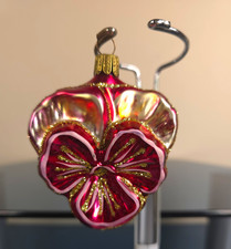 Vtg Hand-blown Hand-painted Glass Pansy Flower Christmas Ornament  Glitter 3
