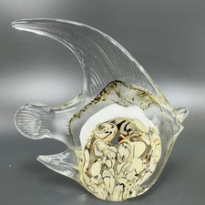 1980s Art Glass Fish Figurine Paperweight Heavy Brown White Spots Glass Figure picture