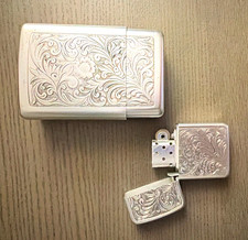 Vintage Park Industries Engraved Floral Lighter & Cigarette Case Set Silver Tone picture