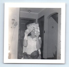 Old Vintage Square Photo FUNNY HUMOROUS SOLO WOMAN CAKE MIX BREAD ON HEAD picture