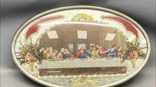 Vnt 1950s Last Supper Fool Oval Glass Frame Dried  Faux Flowers Foil Mcm 19x12 picture