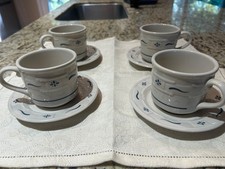Longaberger Pottery Woven Traditions Classic Blue Coffee Cups & Saucers Set of 4 picture
