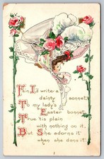 Vintage Early 1900s Embossed Lady in Bonnet Roses Poem Postcard 1911 Posted picture