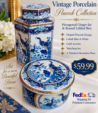 Vintage Porcelain Peacock Collection Hexagon Lidded Jar & Round Box Blue Gold picture
