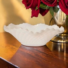 Vtg Milk Glass Serving/Trinket Bowls Ruffled Edge Diamond Cut Pattern Set Of 2 picture