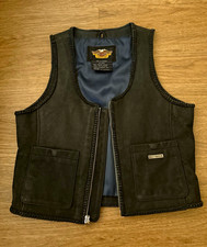 2000s Y2K Harley-Davidson Black Leather Zip Front Vest w/ Blue Lining picture
