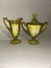(RARE) Westmoreland Etched Glass Yellow Colonial Cream & Sugar Set c.1925 picture