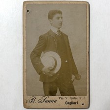 Antique Cagliari Italy CDV Photo Young Italian Man Studio Portrait Standing Hat picture