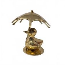 Vintage Brass Duckling Holding Umbrella Figurine Cottage Shelf Decor picture