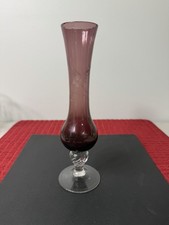 Vintage amethyst Glass Footed Bud Vase 8.25” Tall etched floral designs + picture