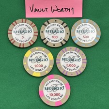 Bellagio Resort Casino - Las Vegas NV - Set of 6 Tournament Poker Chips 5-10000 picture