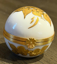 Limoges France Porcelain Hinged Egg Trinket Box White Gold Floral Design picture