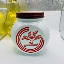 VINTAGE ANCHOR HOCKING VITROCK WHITE GLASS RED CIRCLES KITCHEN JAR W/LID 1940s picture