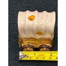 Limoges France Peint a la Main Covered Wagon Porcelain Trinket Box Rifle Clasp picture