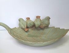 Birds on a Leaf Green Glazed Ceramic Bowl Shallow Dish Entryway Catchall Holder picture