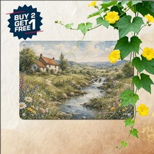 vintage countryside watercolor landscape cottage red roof meandering picture