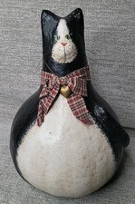 Folk Art Hand Painted Gourd Cat Kitten Black & White w Heart Necklace Bow EUC picture