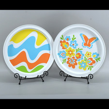 Vintage 1970s Floral Butterfly Serving Trays Fabcraft Mod Spring Pastel Metal picture