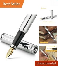 Elegant 24K Gold Nib Fountain Pen Set in Bright Silver Chrome - Gift Ready picture