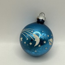 Vintage Blue Shiny Brite Christmas Atomic Moon Shooting Stars Stenciled Ornament picture