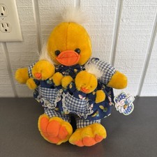Vintage KellyToy 12” Mama Duck with Babies Plush Blue Plaid Flowered Easter NWT picture