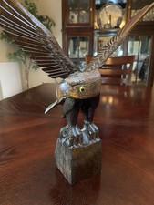 Hand Carved Ironwood Eagle Sculpture With Wings Spread Out Looking To Side 14x14 picture