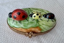Limoges France Porcelain Trinket Box - Three Ladybugs on Leaves picture