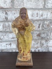Vintage Folk Art Figurine Paper Mache Old Woman In Long Dress Carrying A Net 12” picture