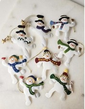 Vtg Painted Tin Dancing Snowman Ornament Set picture