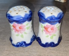 Vintage Hand Painted Porcelain Salt & Pepper Shakers Cobalt Blue Floral Gold Set picture