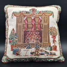 Vintage Tapestry Throw Pillow Christmas Fireplace Stockings Plaid Holiday Decor picture