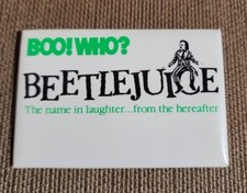 Vtg Beetlejuice Movie Film Promo Pinback Button Boo Who? Name Badge Theater 90s picture