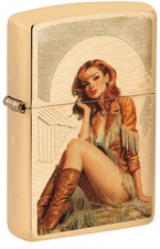 Zippo Western Pinup cowgirl Design Brushed Brass Color Image 46962 picture