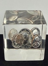VTG Encased Lucite Acrylic Cube Floating Presidents Coins 70s Paperweight 2” picture