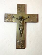 antique ornate Latin wood brass religious wall crucifix cross Jesus Christ art picture