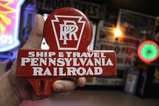 RARE 1950s PENNSYLVANIA RAILROAD RR TRAIN STAMPED PAINTED METAL TOPPER SIGN GAS picture