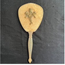 Vintage Gold Filigree Hand Mirror Embroidered Peach Fabric Tulip Victorian Style picture