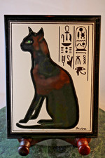 Vintage Besheer Hand Signed Art Tile Egyptian Cat 8x6 Wall Plaque Decor picture