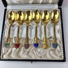 Vintage Meka Denmark Set of 6 Gold Hand-Enamelled Demitasse Spoons In Case picture