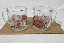 Pair Of VTG Luminarc Glass Halloween Mugs Trick Or Treat Witch Ghost 1970s picture