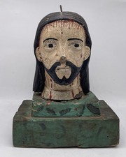 Antique Spanish Colonial 19th C. Wood Carved Christ Bust Polychrome Jesus Santo picture