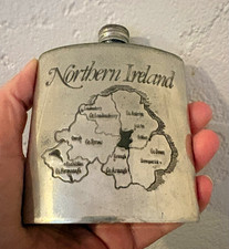 Vintage 4oz Sheffield Fine British Pewter Flask Northern Ireland Map Belfast picture