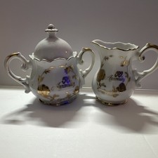 Porcelain Anniversary Creamer & Sugar Set White Gold Floral Glazed 2pc picture
