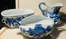 Vintage Chinese Blue White Porcelain Serving Fruit Bowl Pitcher Set of 3 picture